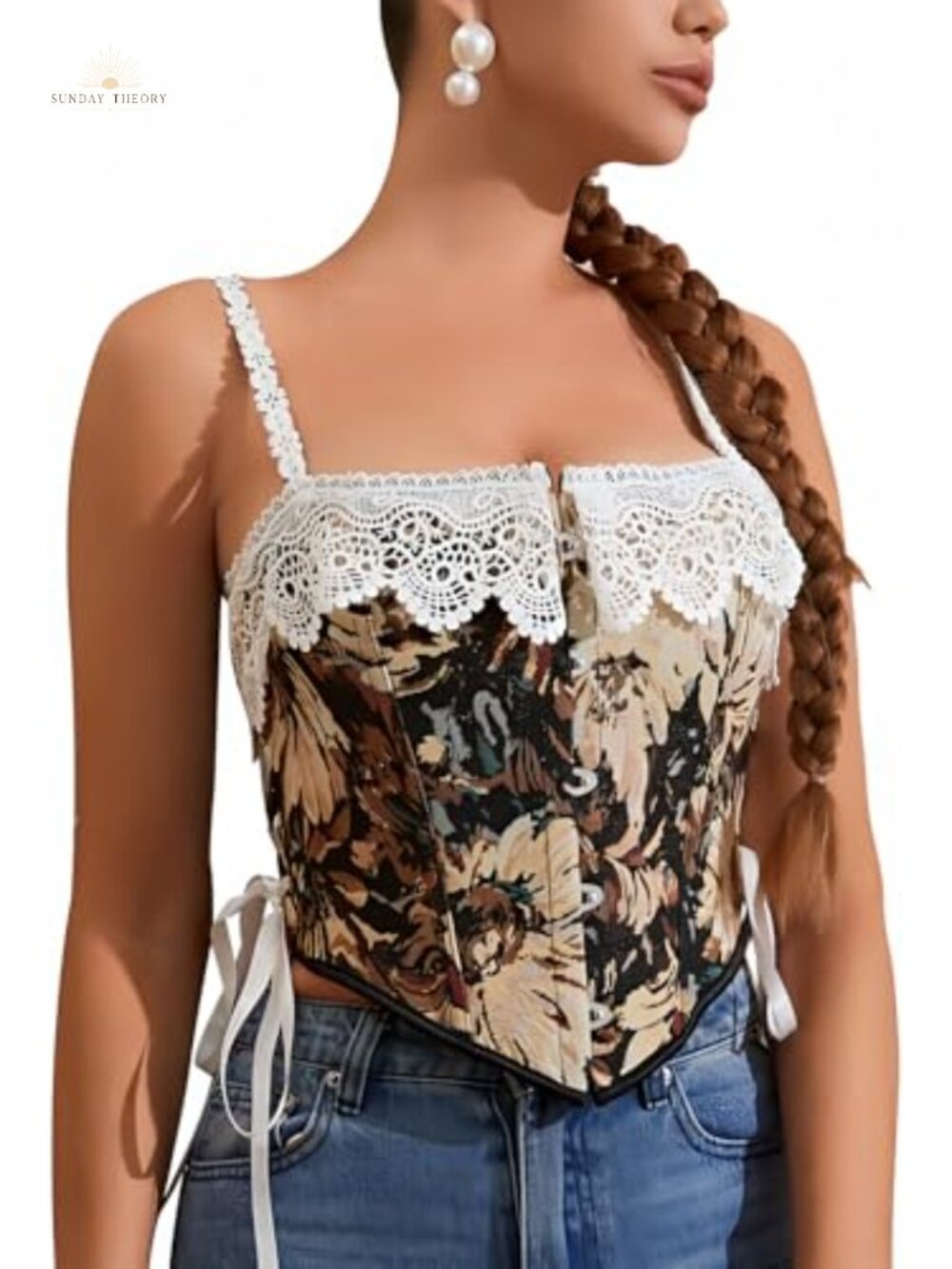Vintage Renaissance Corset Bustier Lace-Embroidered Asymmetrical Hem
